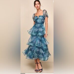 Lulus Darling Vision Teal Floral Organza Puff Sleeve Tiered Midi Dress